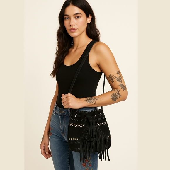 Genuine Suede Black Fringe Bucket Bag Crossbody Boho Western Studded Drawstring - Picture 1 of 15